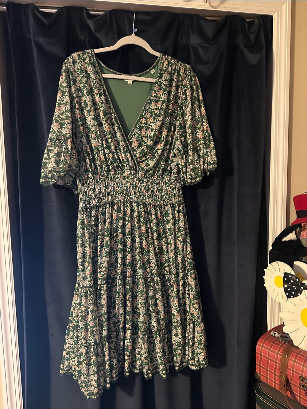Max Studio Green Floral Midi Dress with Pink Accents